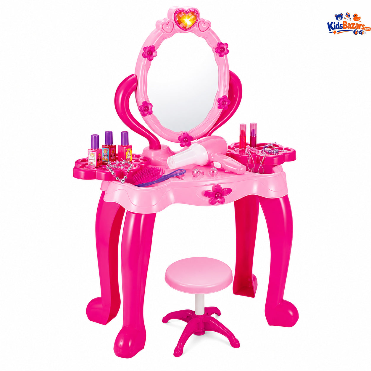 kidsbazars.com Kids Dressing Table with Stool – 21 Piece Makeup Toy Set with Mirror & Hair Dryer