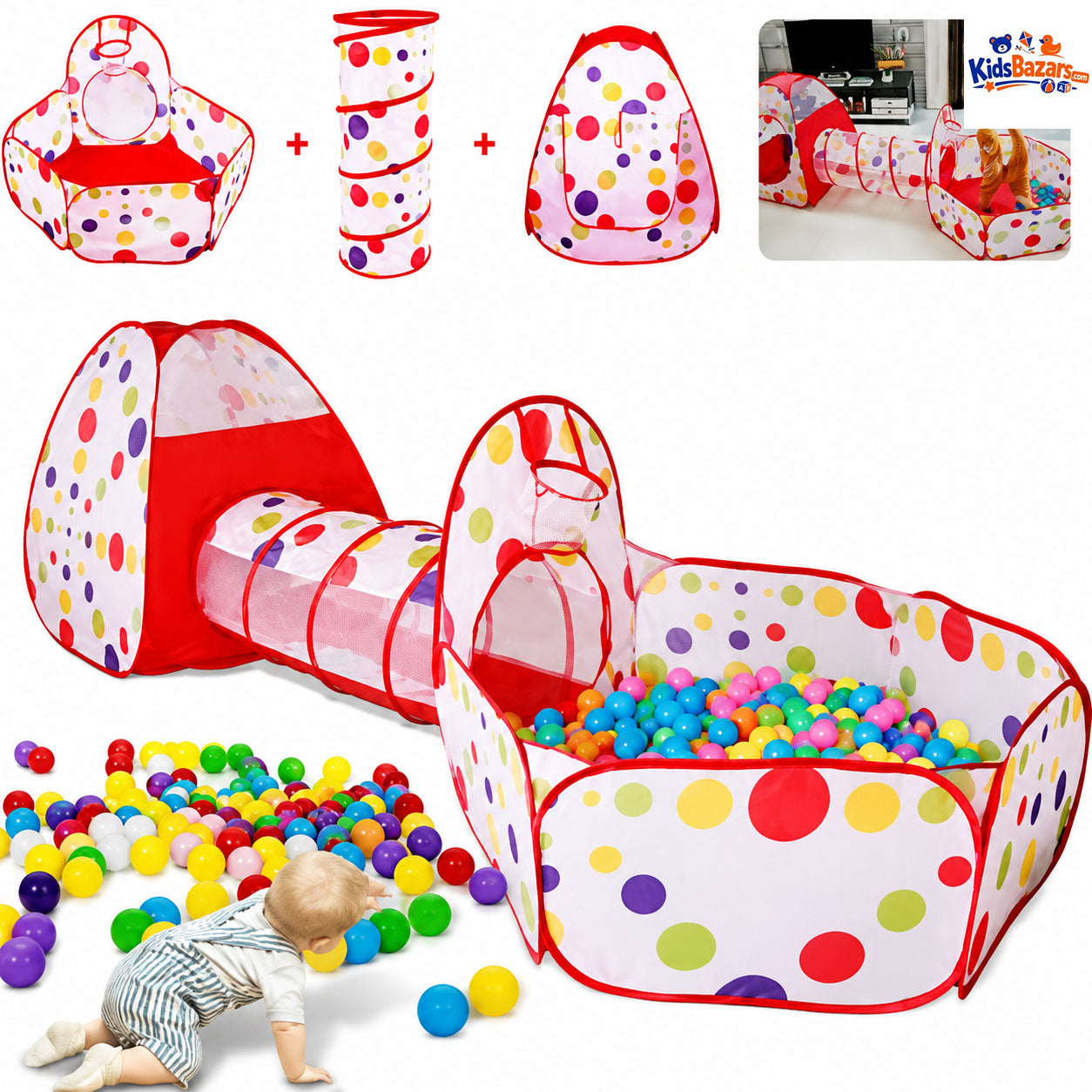 3-in-1 Kids Tunnel Play Tent House – Foldable Indoor & Outdoor Pop-Up Playhouse for Toddlers