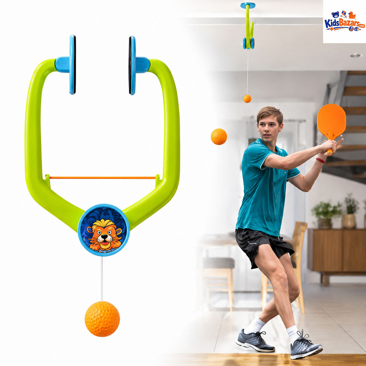 Indoor Hanging Table Tennis, Includes two paddles, balls, and a hanging mechanism to practice without a table