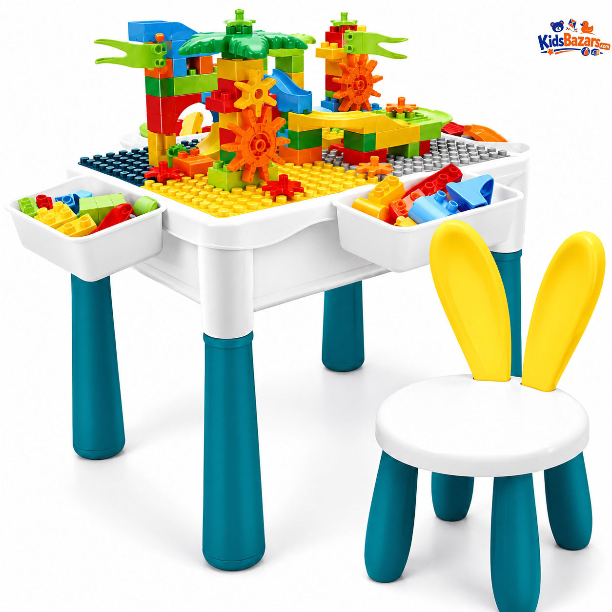 All-in-1 Kids Activity Table and Chairs Set, Building Blocks Table with 2 Building Brick Blocks, Storage