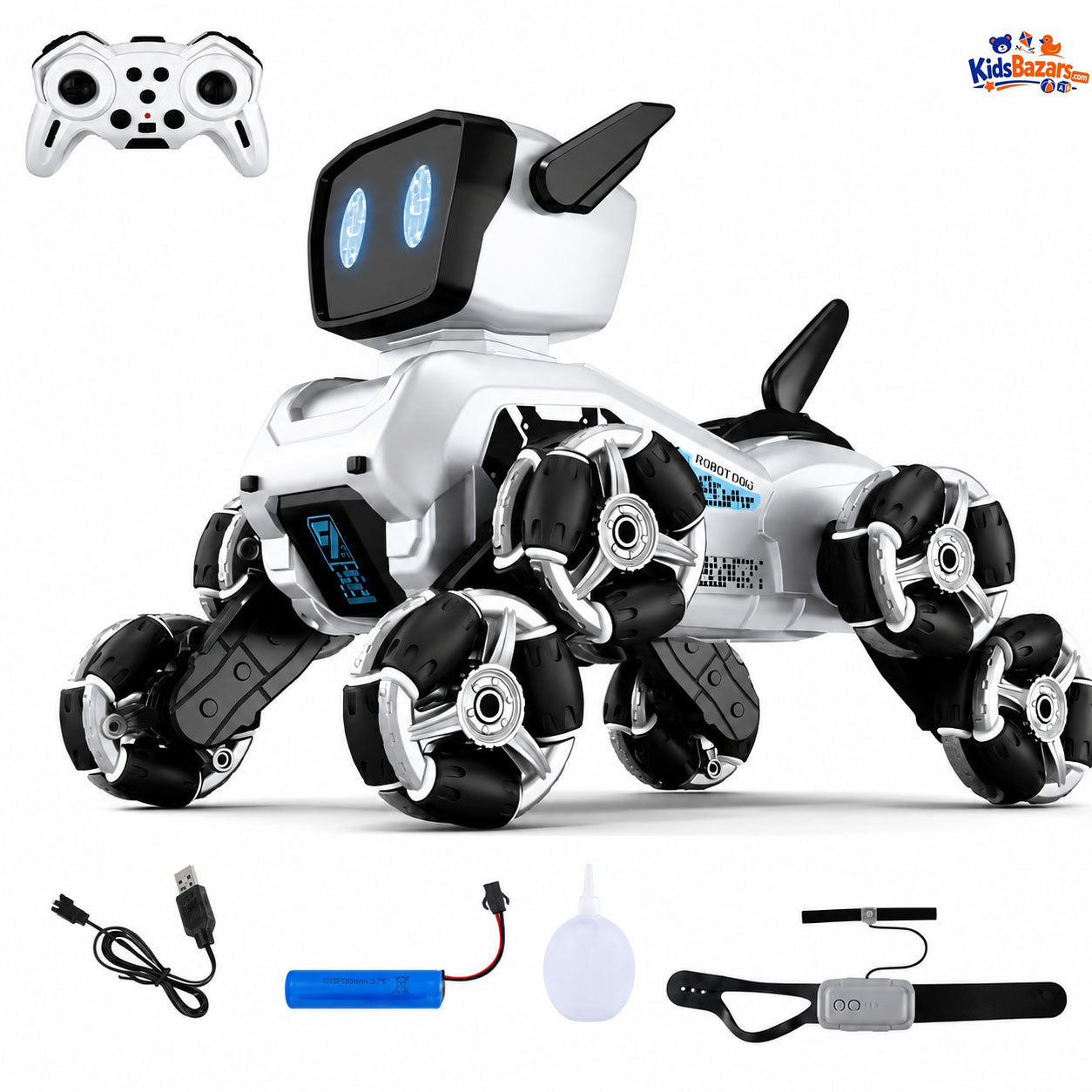 Stunt Robot Dog is a futuristic, interactive toy featuring 360° rotation for fun