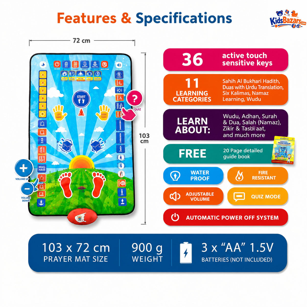 Educational Prayer Mat for Kids – Interactive My Salah Sajadah | Touch & Sound Islamic Learning Prayer Mat with 7 Languages