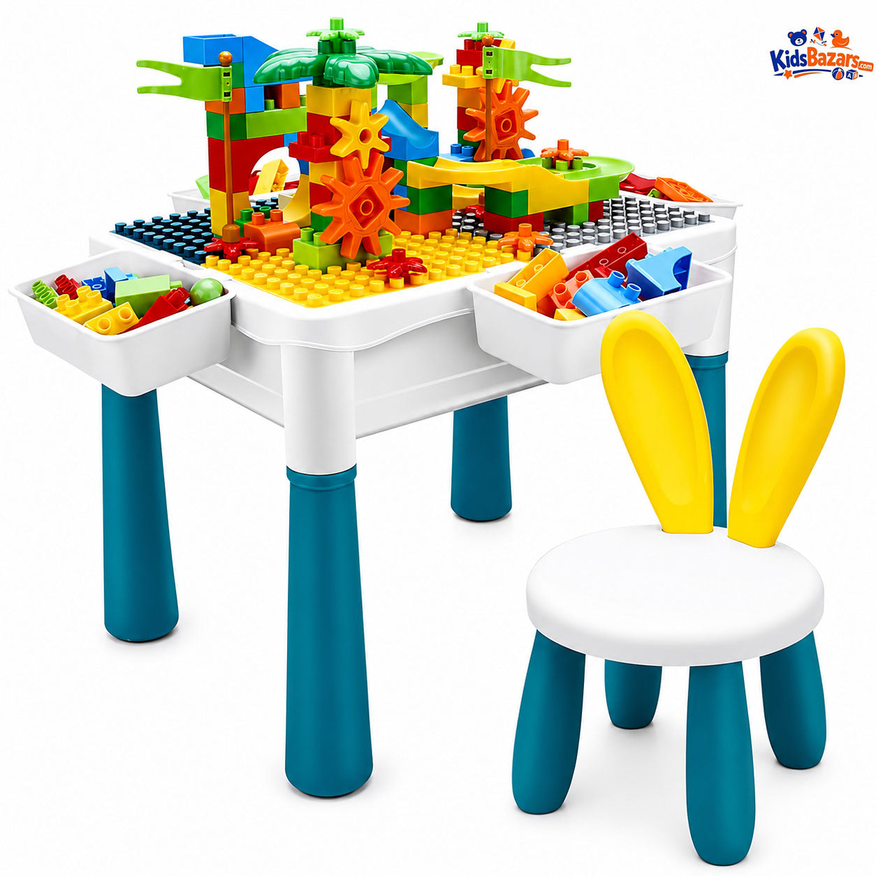 All-in-1 Kids Activity Table and Chairs Set, Building Blocks Table with 2 Building Brick Blocks, Storage