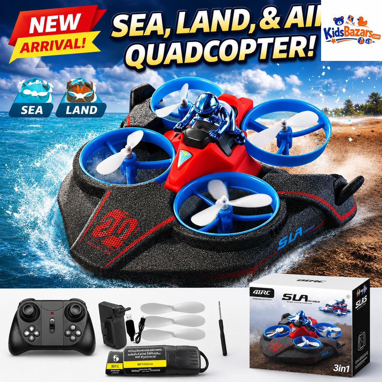 ATRC SLA Troxenie 3-in-1 RC Hovercraft Drone | Sea, Land & Air Remote Control Vehicle | Rechargeable Flying Toy for Kids