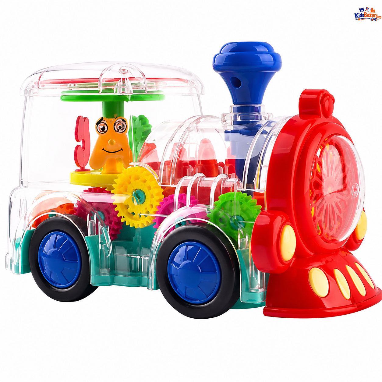Gear Train Toy with Flashing Lights and Music, 360 Rotation, Battery Operated Bump and Go Car