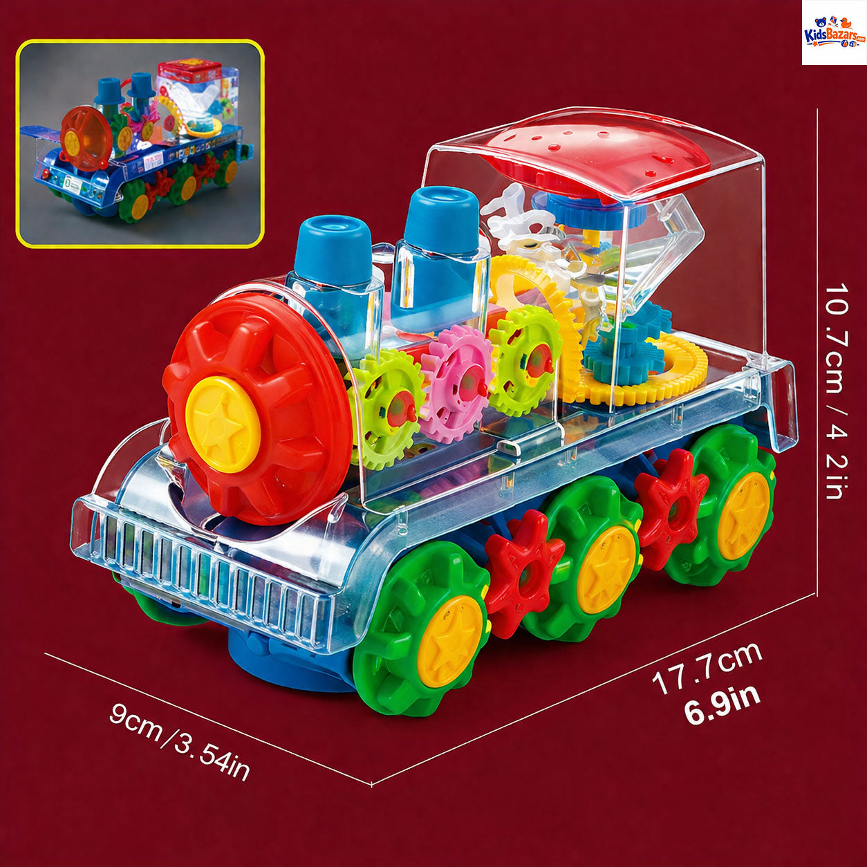Gear Train Toy with Flashing Lights and Music, 360 Rotation, Battery Operated Bump and Go Car