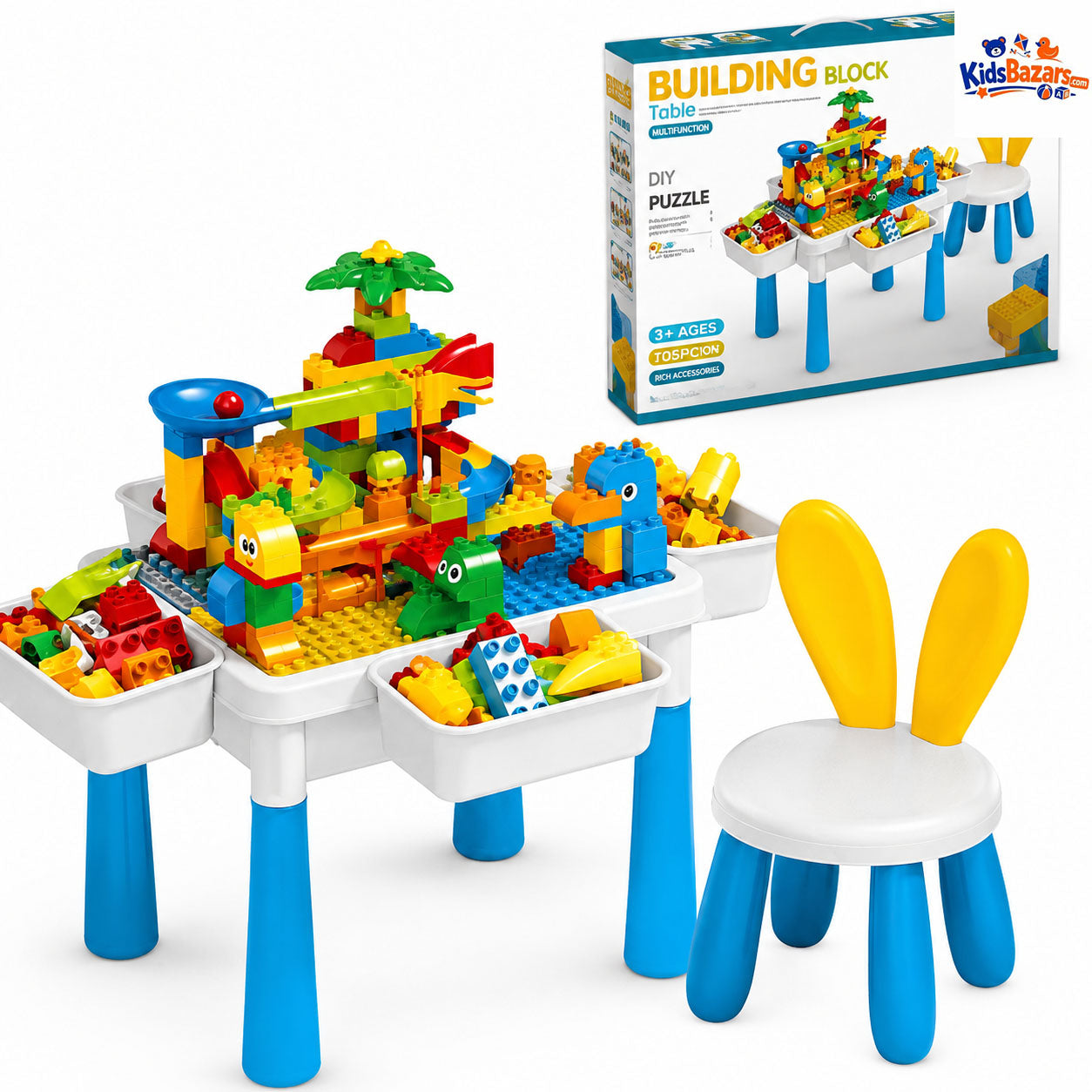 All-in-1 Kids Activity Table and Chairs Set, Building Blocks Table with 2 Building Brick Blocks, Storage