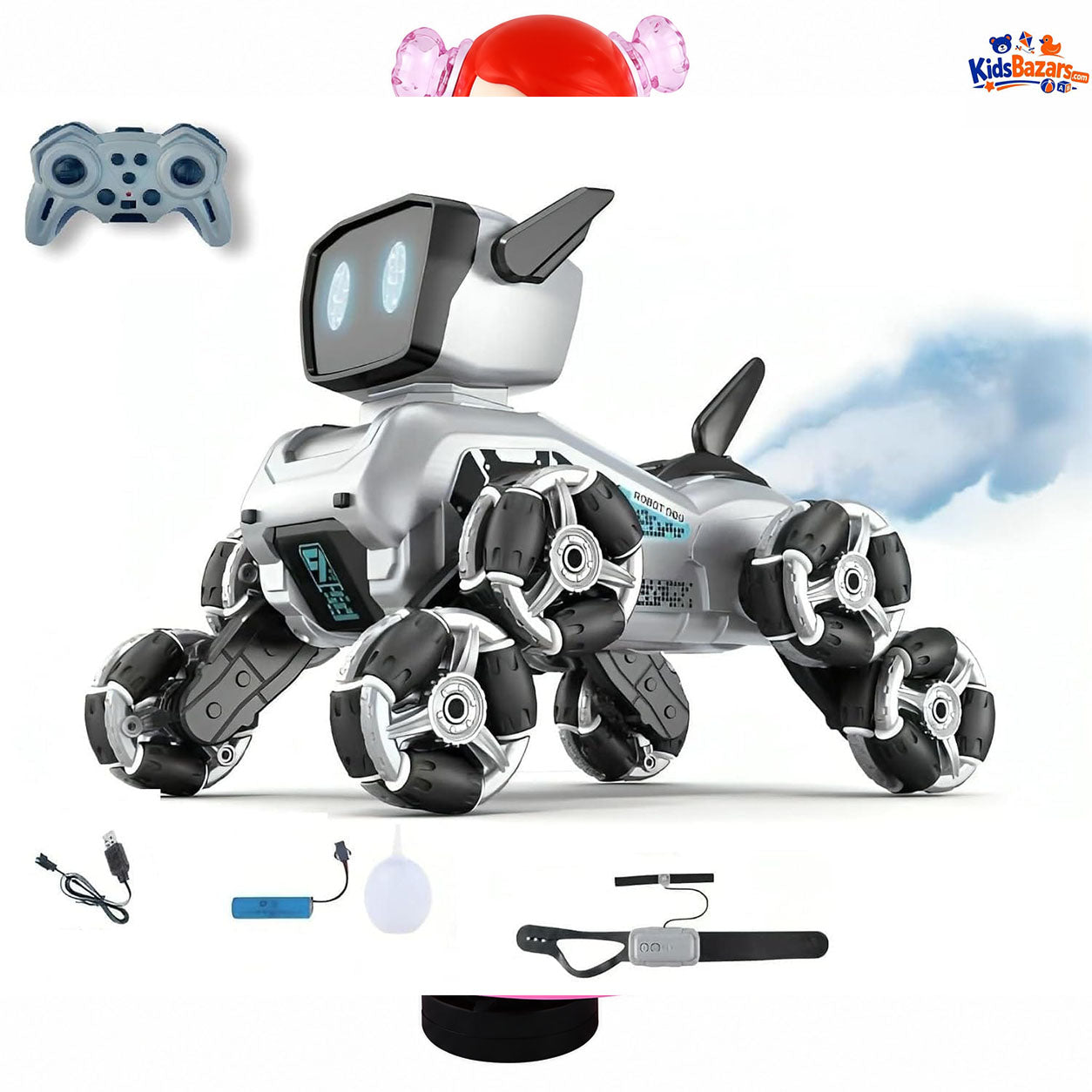Stunt Robot Dog is a futuristic, interactive toy featuring 360° rotation for fun