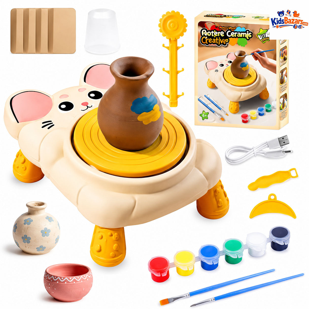 Skirfy Mini Pottery Wheel Machine Kit for Beginners Kids with Light,Electric Adjustable Speed,Clay Spinner DIY Tools for Art Craft,Toy