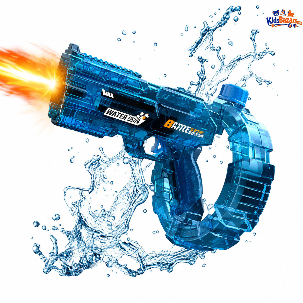 Electric water gun features a modern, uniquely shaped design with continuous fire functionality