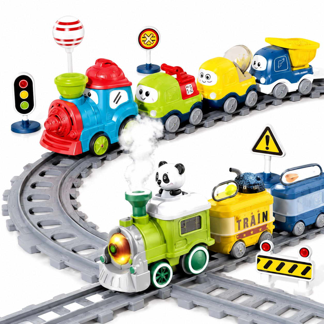 Bear Electric Smoke Spray Train with 18 Piece Track Set for Kids