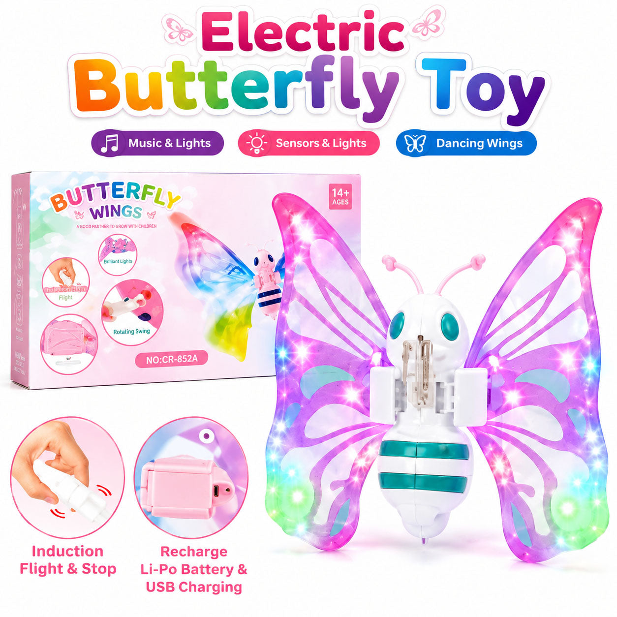 Electric Butterfly Flapping Bee Wings Toy for Kids – Light-Up Flying Fun Toy