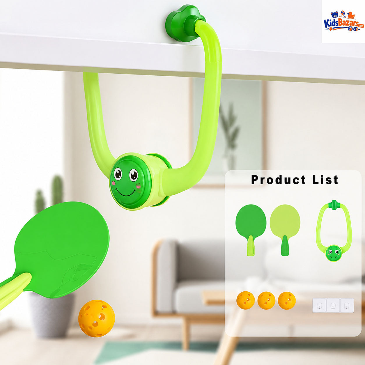 Indoor Hanging Table Tennis, Includes two paddles, balls, and a hanging mechanism to practice without a table