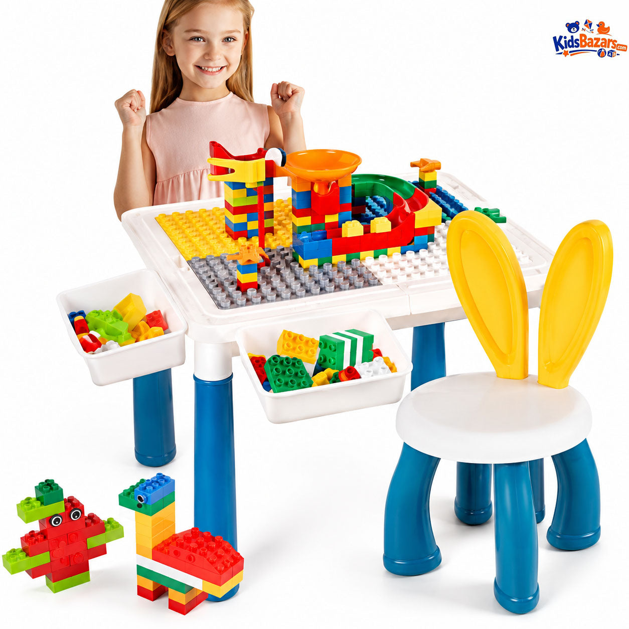 All-in-1 Kids Activity Table and Chairs Set, Building Blocks Table with 2 Building Brick Blocks, Storage