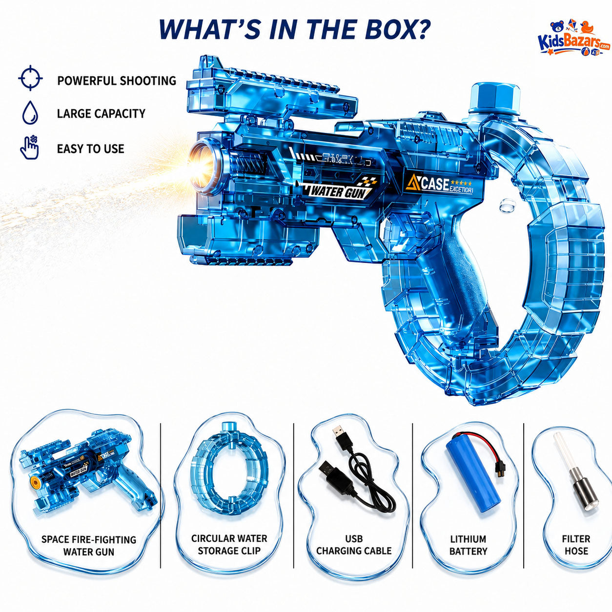 Electric water gun features a modern, uniquely shaped design with continuous fire functionality