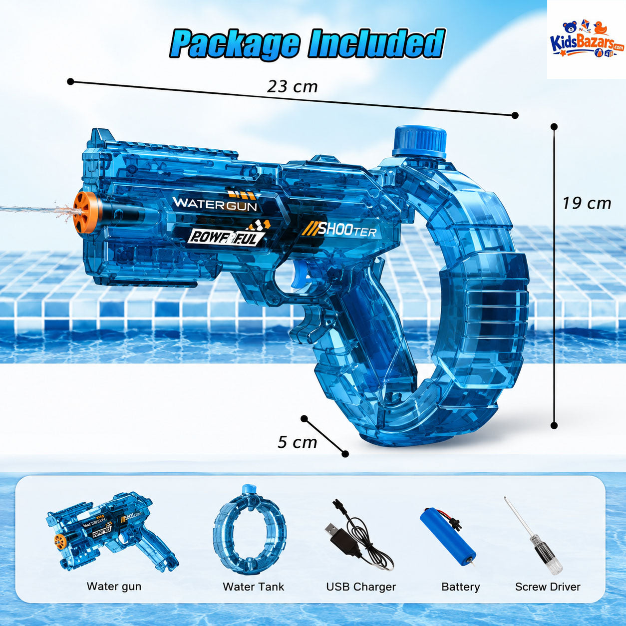 Electric water gun features a modern, uniquely shaped design with continuous fire functionality