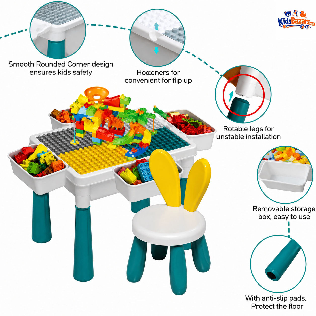 All-in-1 Kids Activity Table and Chairs Set, Building Blocks Table with 2 Building Brick Blocks, Storage