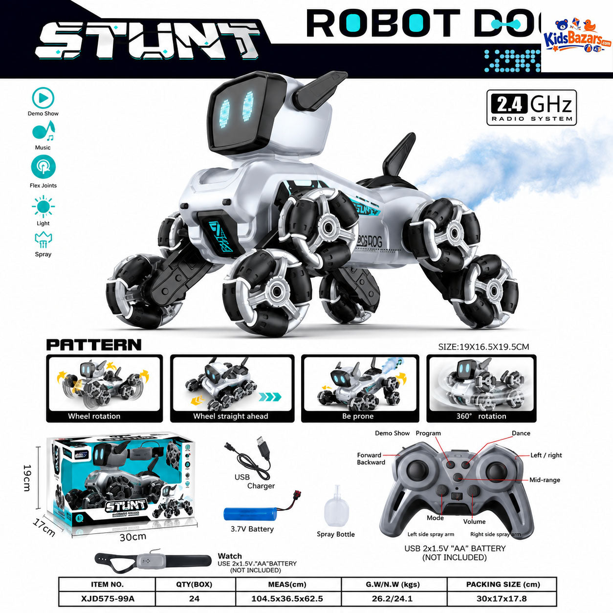 Stunt Robot Dog is a futuristic, interactive toy featuring 360° rotation for fun