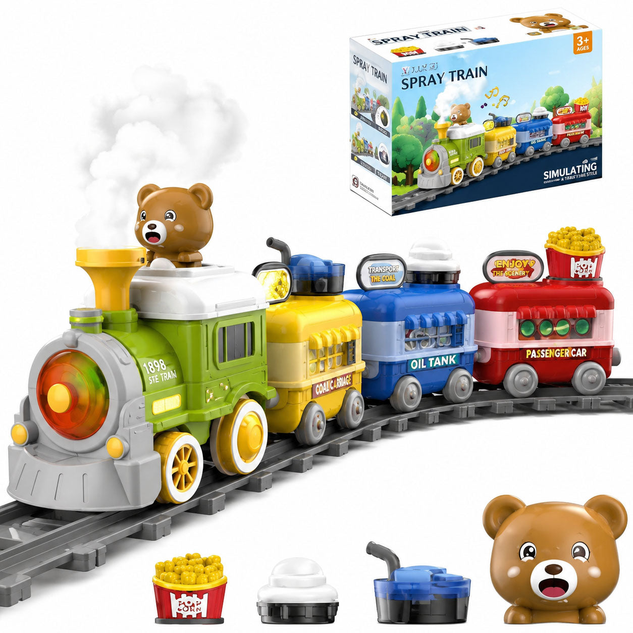 Bear Electric Smoke Spray Train with 18 Piece Track Set for Kids