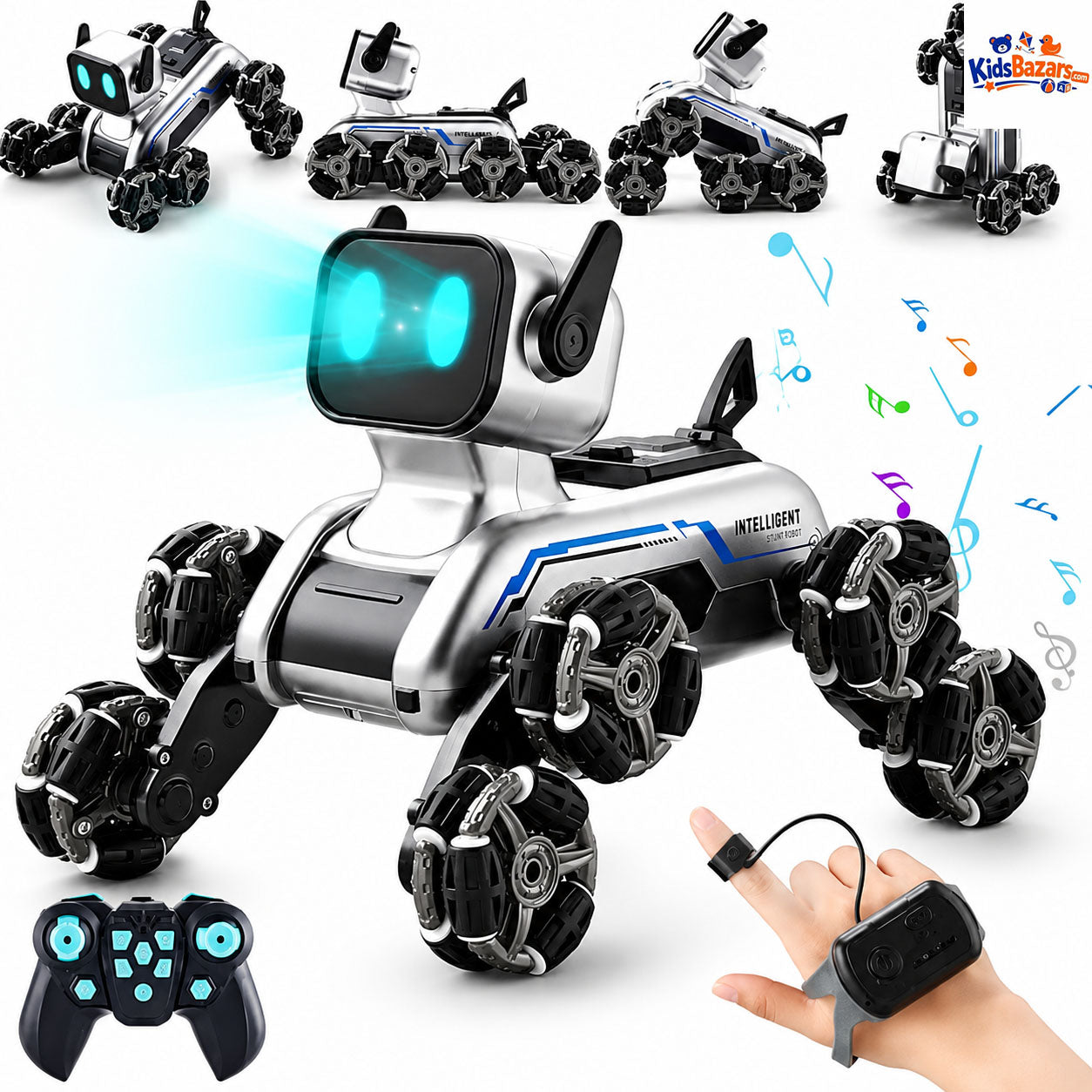 Stunt Robot Dog is a futuristic, interactive toy featuring 360° rotation for fun