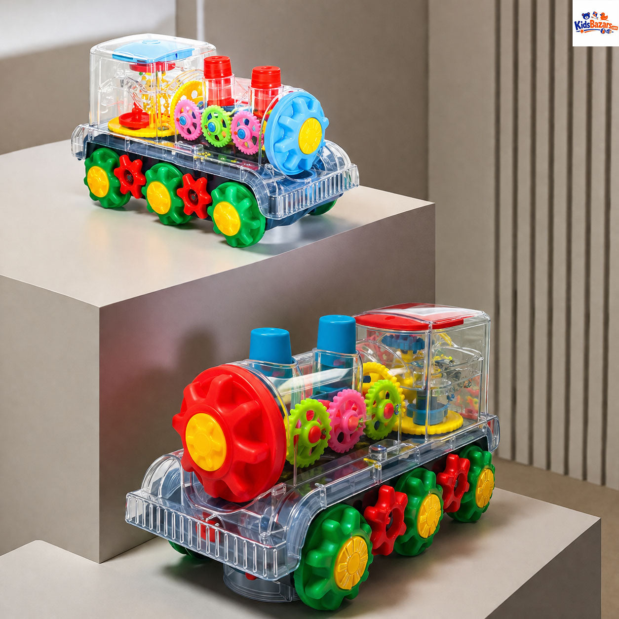 Gear Train Toy with Flashing Lights and Music, 360 Rotation, Battery Operated Bump and Go Car