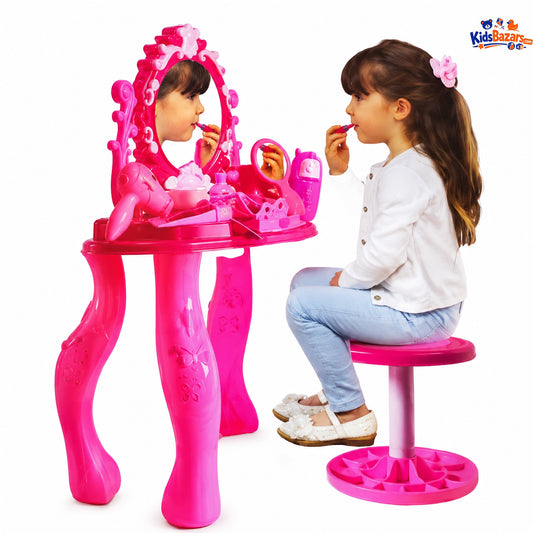 Kids Dressing Table with Stool – 21 Piece Makeup Toy Set with Mirror & Hair Dryer