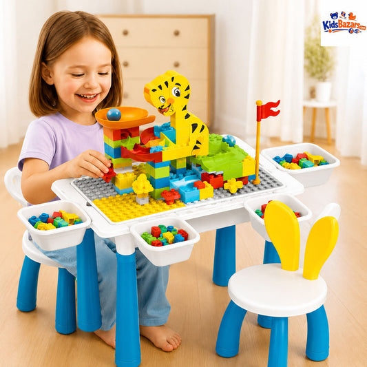 All-in-1 Kids Activity Table and Chairs Set, Building Blocks Table with 2 Building Brick Blocks, Storage