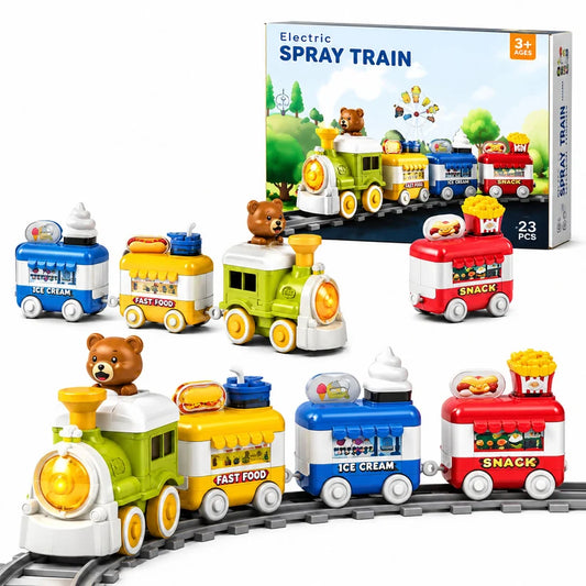 Bear Electric Smoke Spray Train with 18 Piece Track Set for Kids
