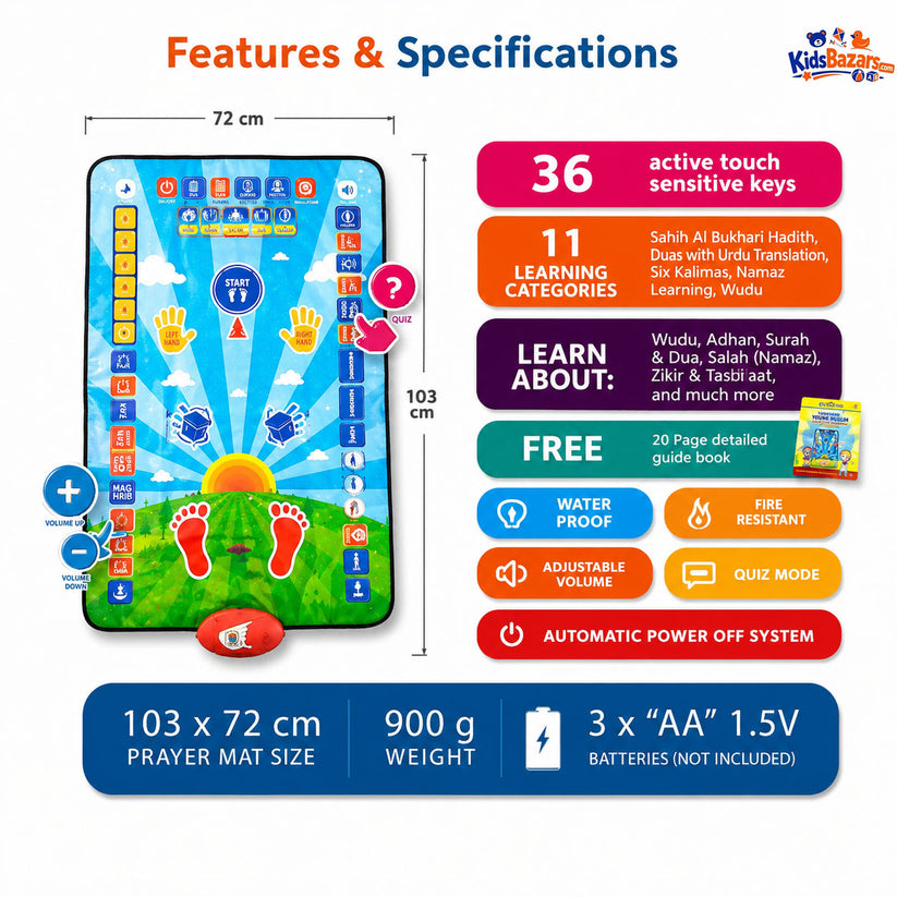 Educational Prayer Mat for Kids – Interactive My Salah Sajadah | Touch & Sound Islamic Learning Prayer Mat with 7 Languages