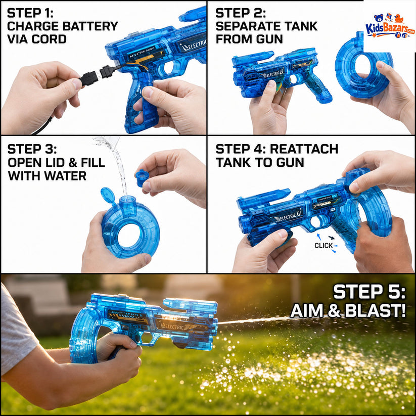 Electric water gun features a modern, uniquely shaped design with continuous fire functionality