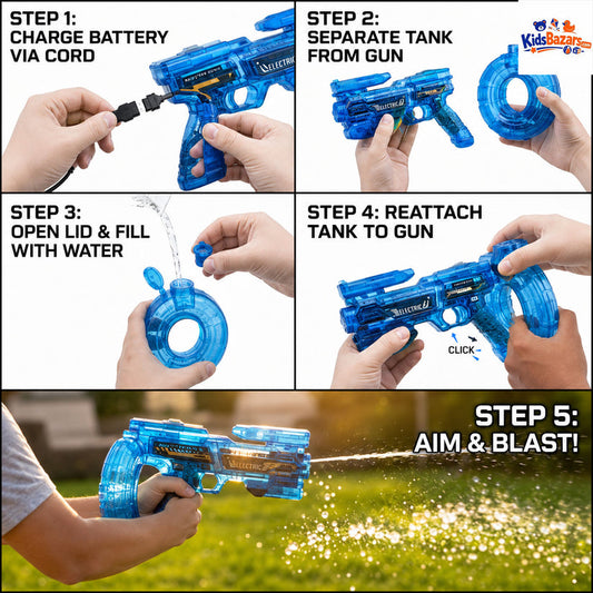 Electric water gun features a modern, uniquely shaped design with continuous fire functionality