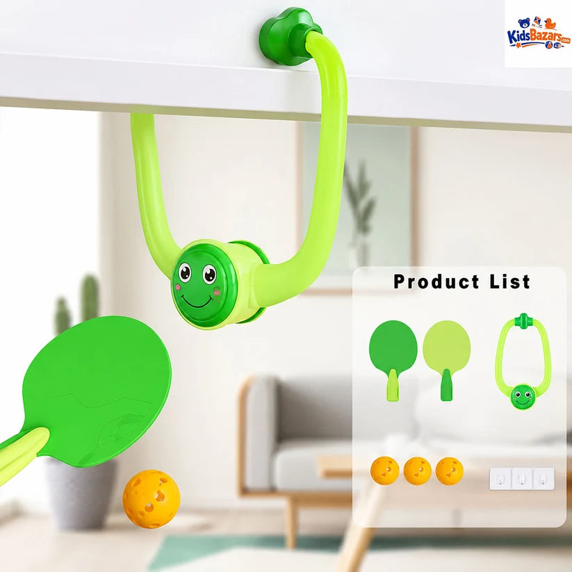 Indoor Hanging Table Tennis, Includes two paddles, balls, and a hanging mechanism to practice without a table