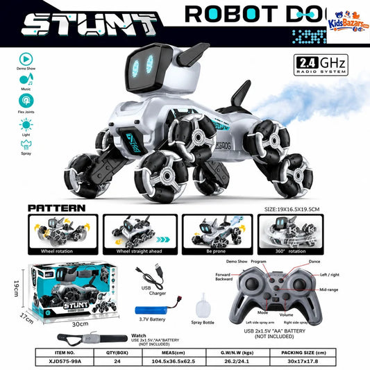 Stunt Robot Dog is a futuristic, interactive toy featuring 360° rotation for fun